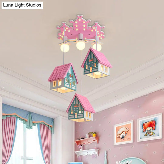 Wooden House Nursery Pendant Lamp - Creative Chandelier With 6 Bulbs For Ceiling Lighting