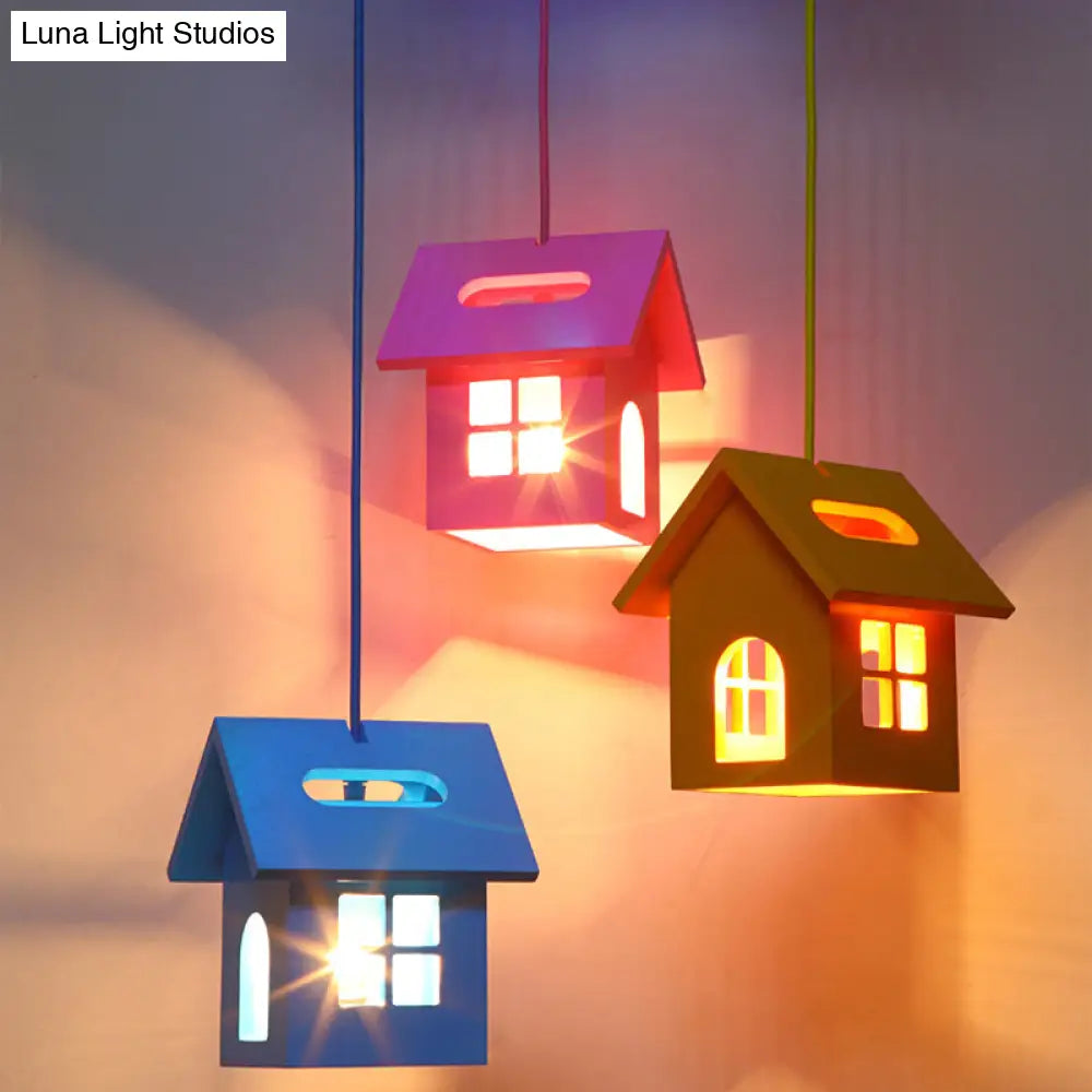 Wooden House Shaped 3-Light Blue Ceiling Pendant - Kids Multi Hanging Light Fixture For Bedroom