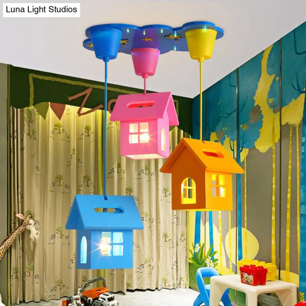 Wooden House Shaped 3-Light Blue Ceiling Pendant - Kids Multi Hanging Light Fixture For Bedroom