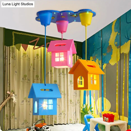 Wooden House Shaped 3-Light Blue Ceiling Pendant - Kids Multi Hanging Light Fixture For Bedroom