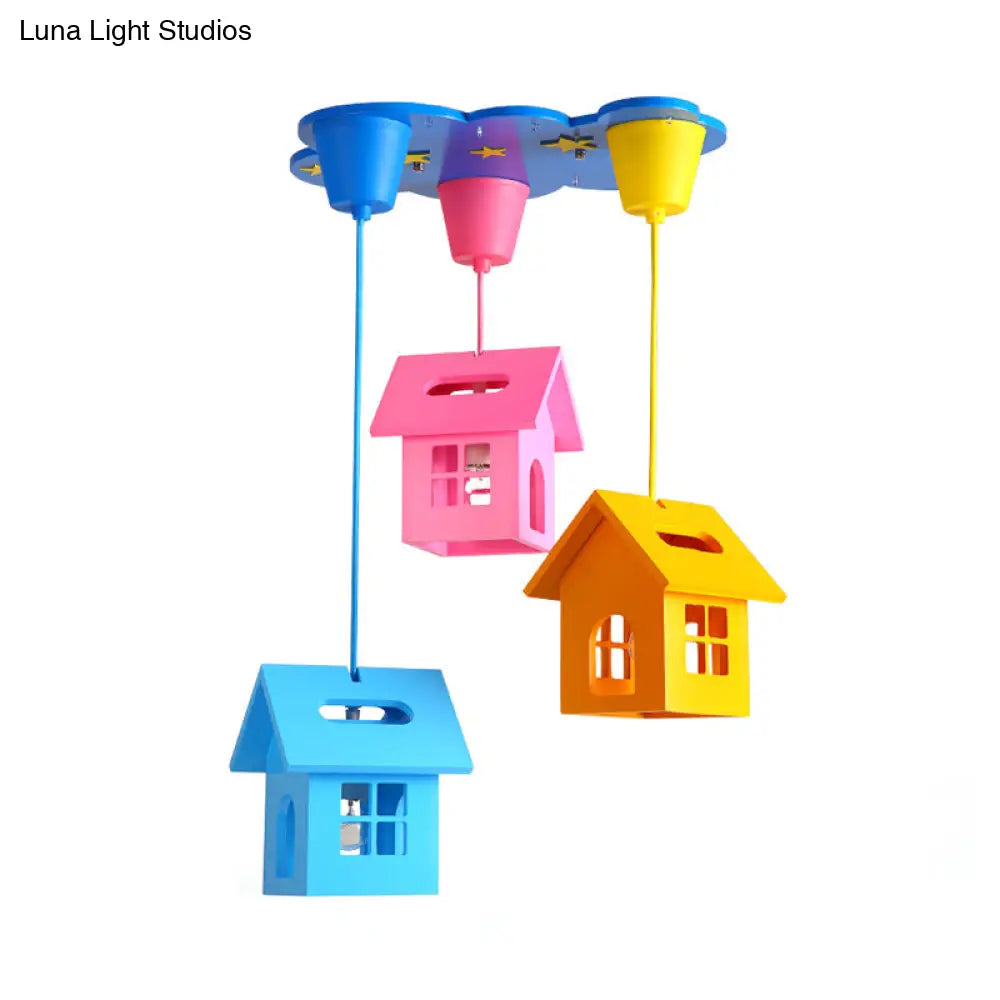 Wooden House Shaped 3-Light Blue Ceiling Pendant - Kids Multi Hanging Light Fixture For Bedroom