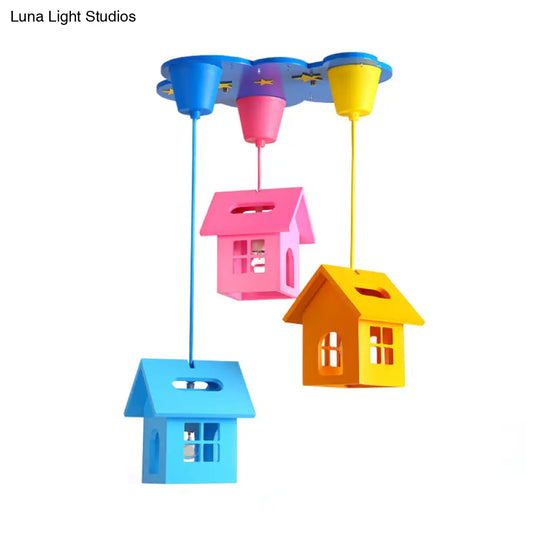 Wooden House Shaped 3-Light Blue Ceiling Pendant - Kids Multi Hanging Light Fixture For Bedroom