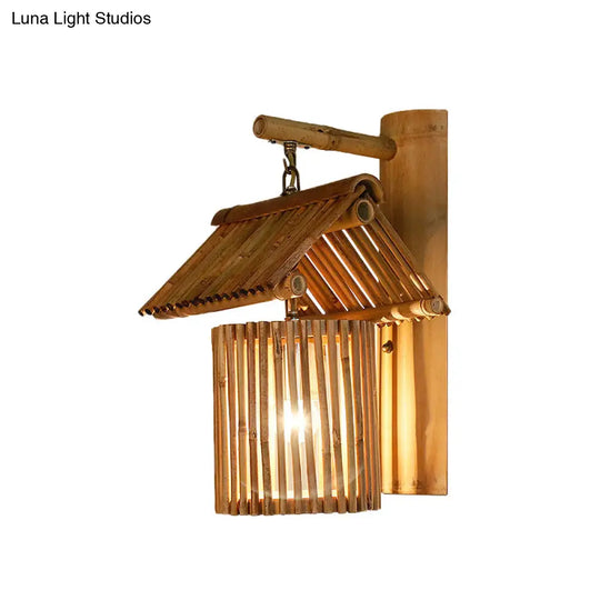 Wooden House Shaped Wall Light Sconce - Lodge Style Bamboo Lamp For Balcony