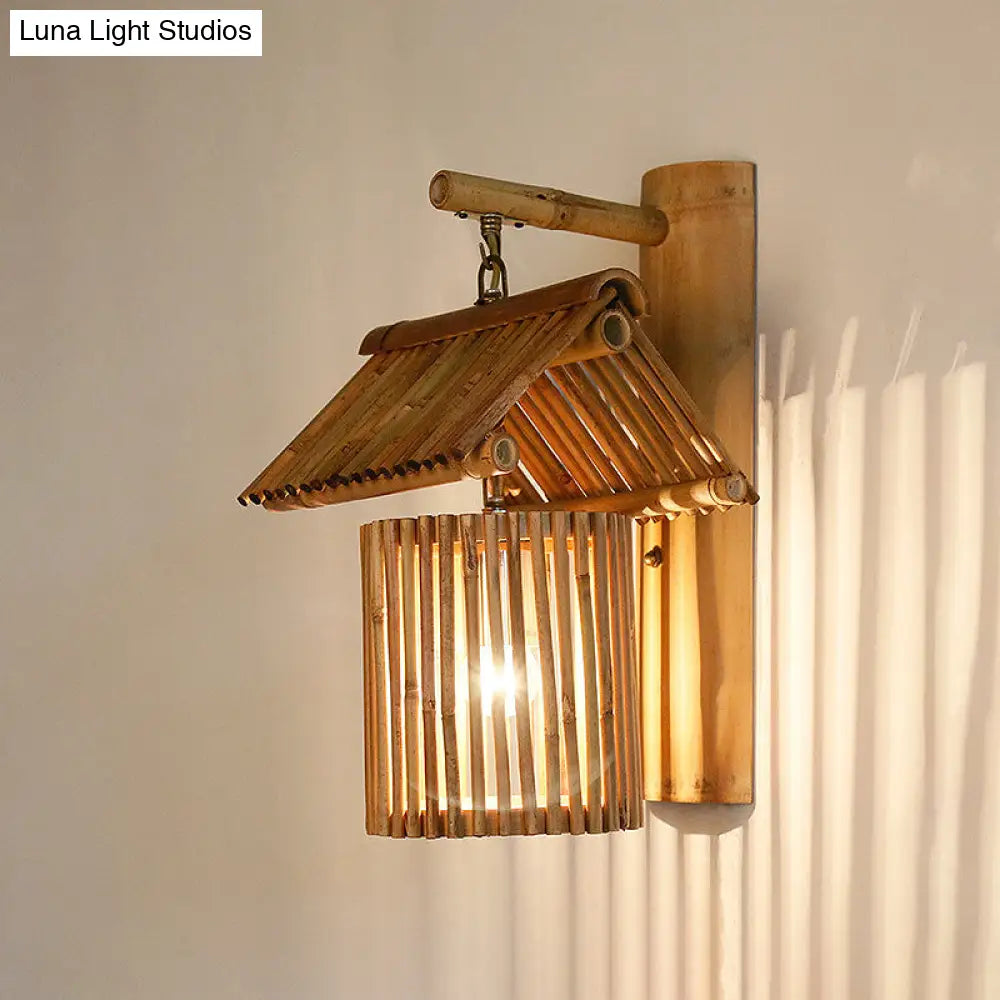 Wooden House Shaped Wall Light Sconce - Lodge Style Bamboo Lamp For Balcony