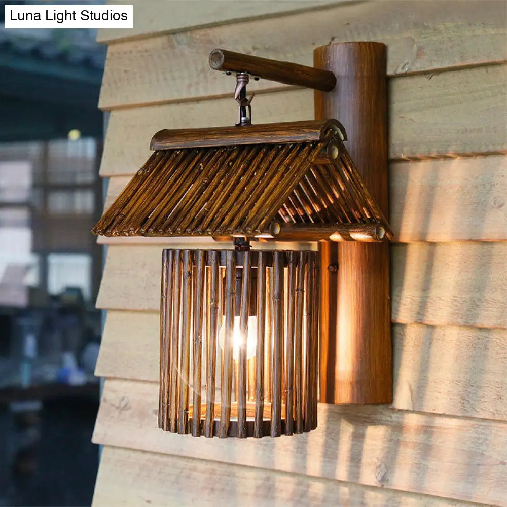 Wooden House Shaped Wall Light Sconce - Lodge Style Bamboo Lamp For Balcony