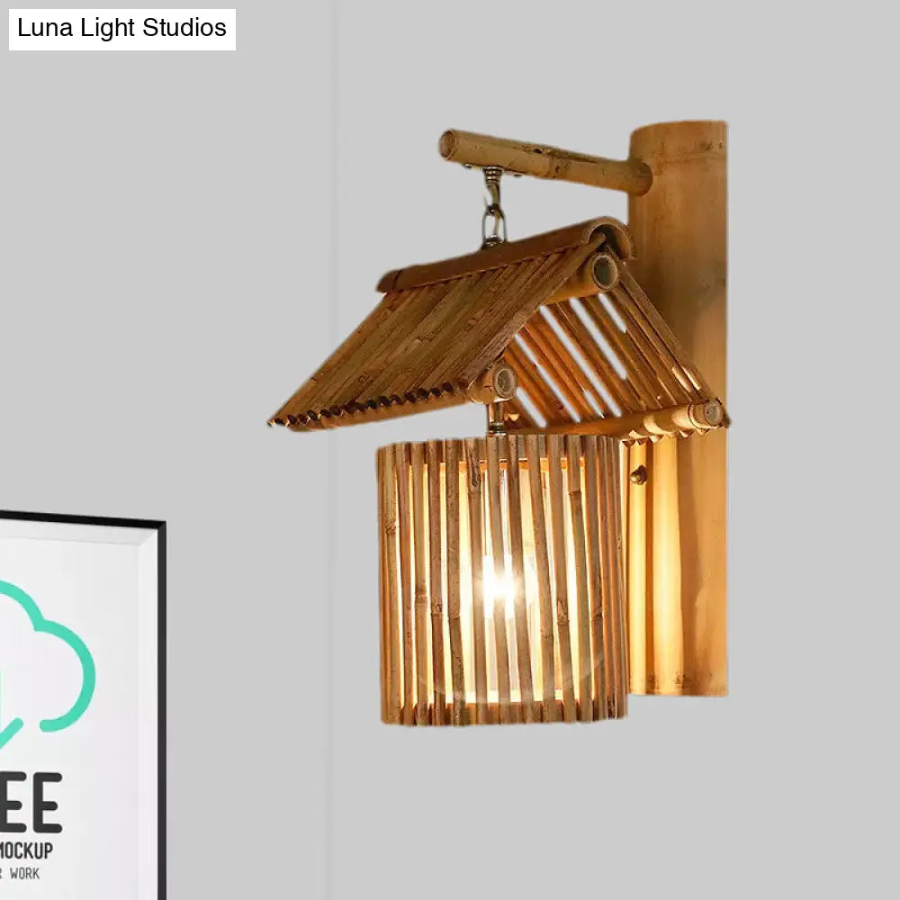 Wooden House Shaped Wall Light Sconce - Lodge Style Bamboo Lamp For Balcony