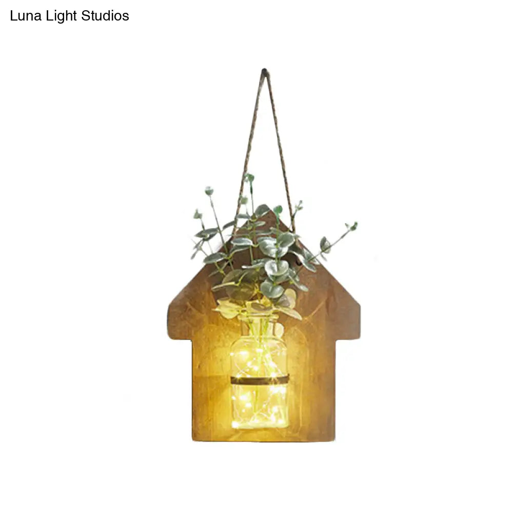 Wooden House Wall Light With Modern Flower/Plant String Accent Ideal For Cafes And Tea Shops