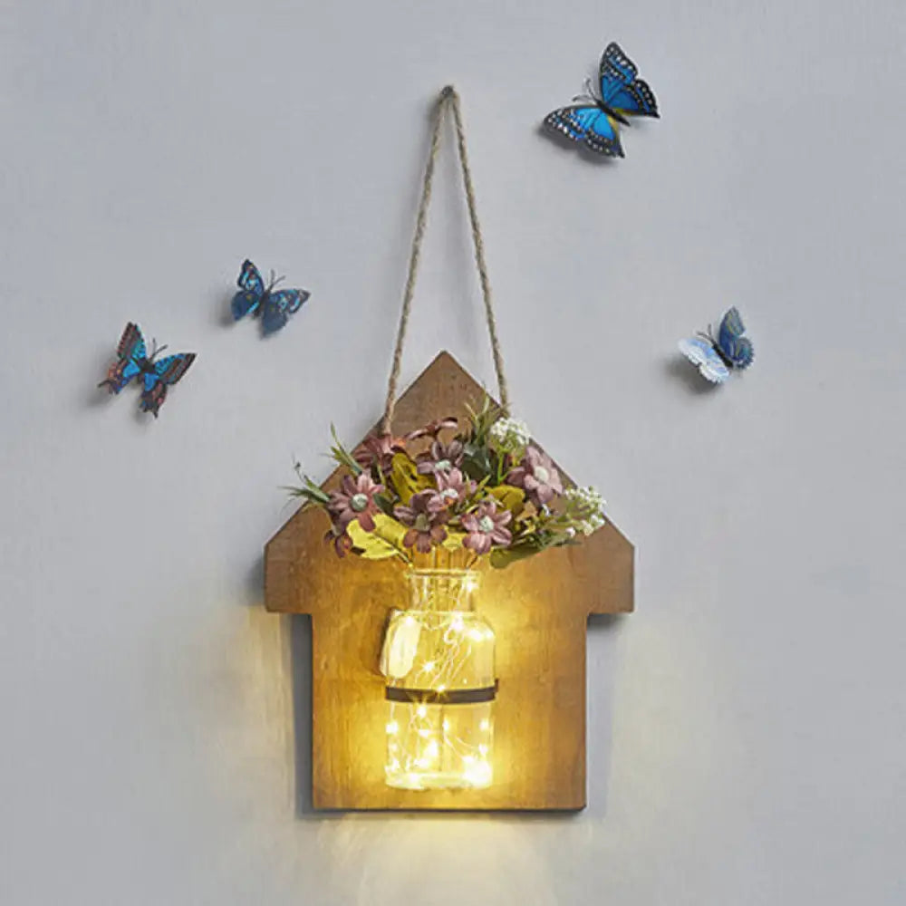 Wooden House Wall Light With Modern Flower/Plant String Accent Ideal For Cafes And Tea Shops Wood /