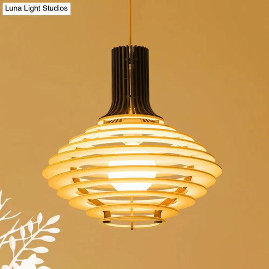 Wooden Jar Pendant Light - 1 Bulb Black/Beige Hanging Lamp Kit For Restaurants