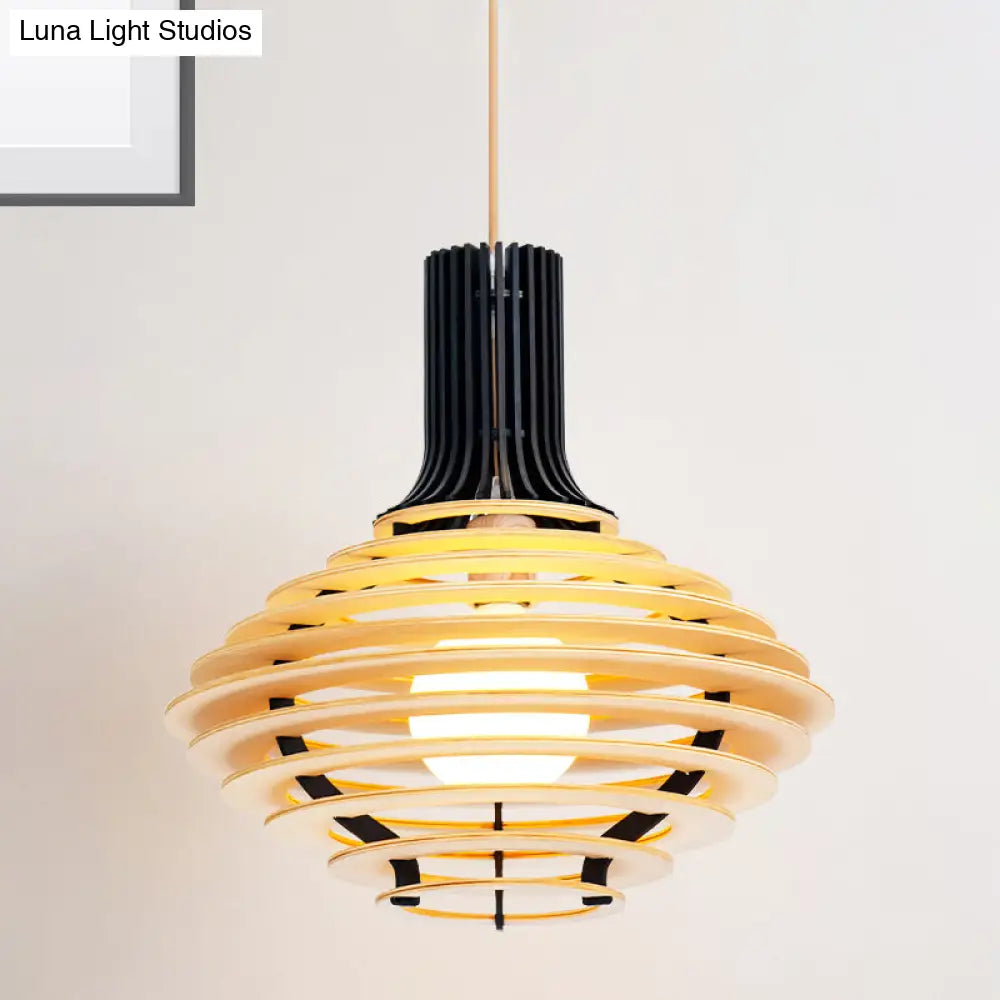 Rustic Wood Jar Pendant Light: 1-Bulb Restaurant Hanging Lamp Kit - Black/Beige Black