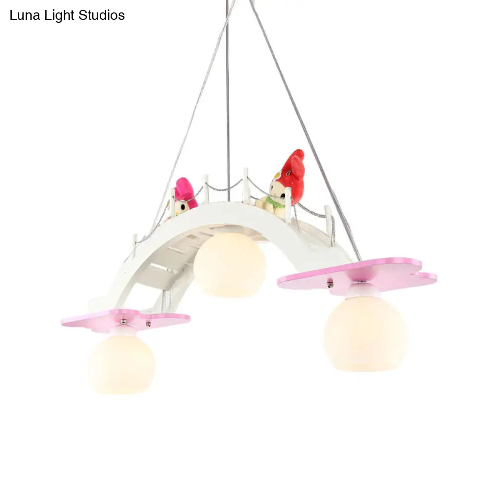 Wooden Kids Pendant Lamp With 3 Blue/Pink Heads And Cream Glass Shade - Bridge Nursery Cluster