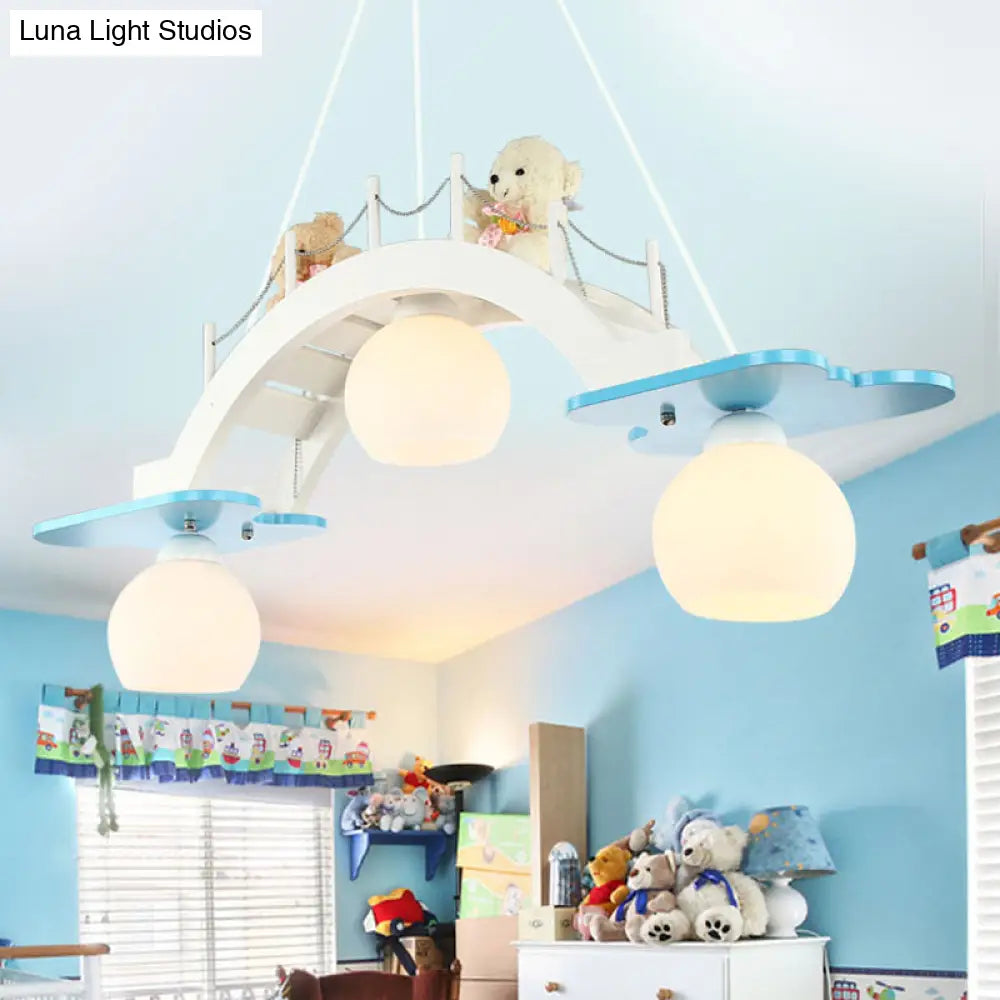 Wooden Kids Pendant Lamp With 3 Blue/Pink Heads And Cream Glass Shade - Bridge Nursery Cluster