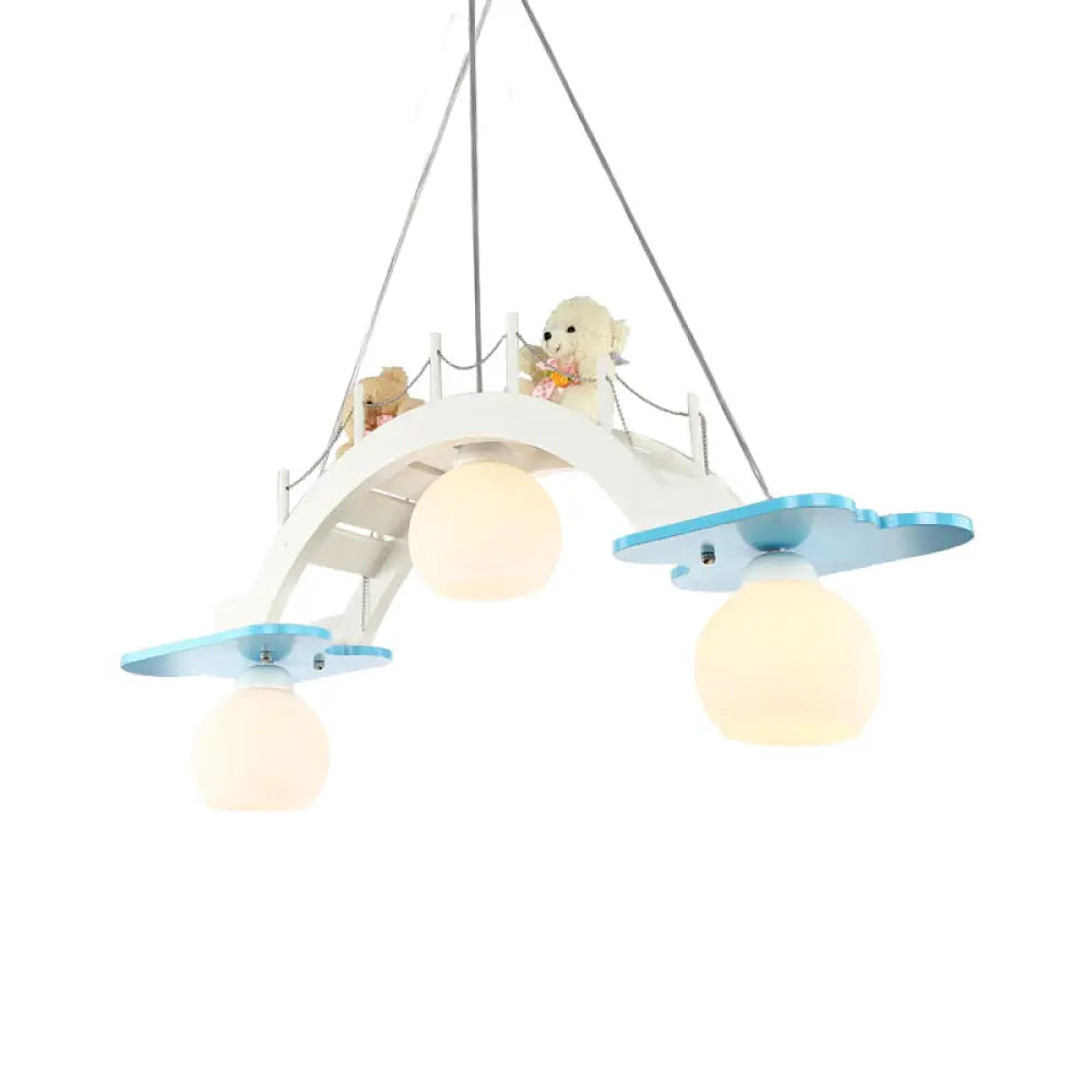 Wooden Kids Pendant Lamp With 3 Blue/Pink Heads And Cream Glass Shade - Bridge Nursery Cluster Blue