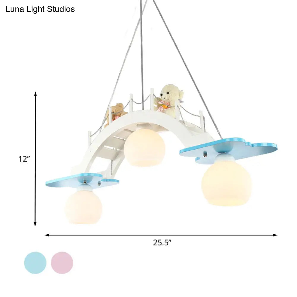 Wooden Kids Pendant Lamp With 3 Blue/Pink Heads And Cream Glass Shade - Bridge Nursery Cluster