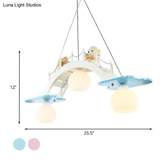 Wooden Kids Pendant Lamp With 3 Blue/Pink Heads And Cream Glass Shade - Bridge Nursery Cluster