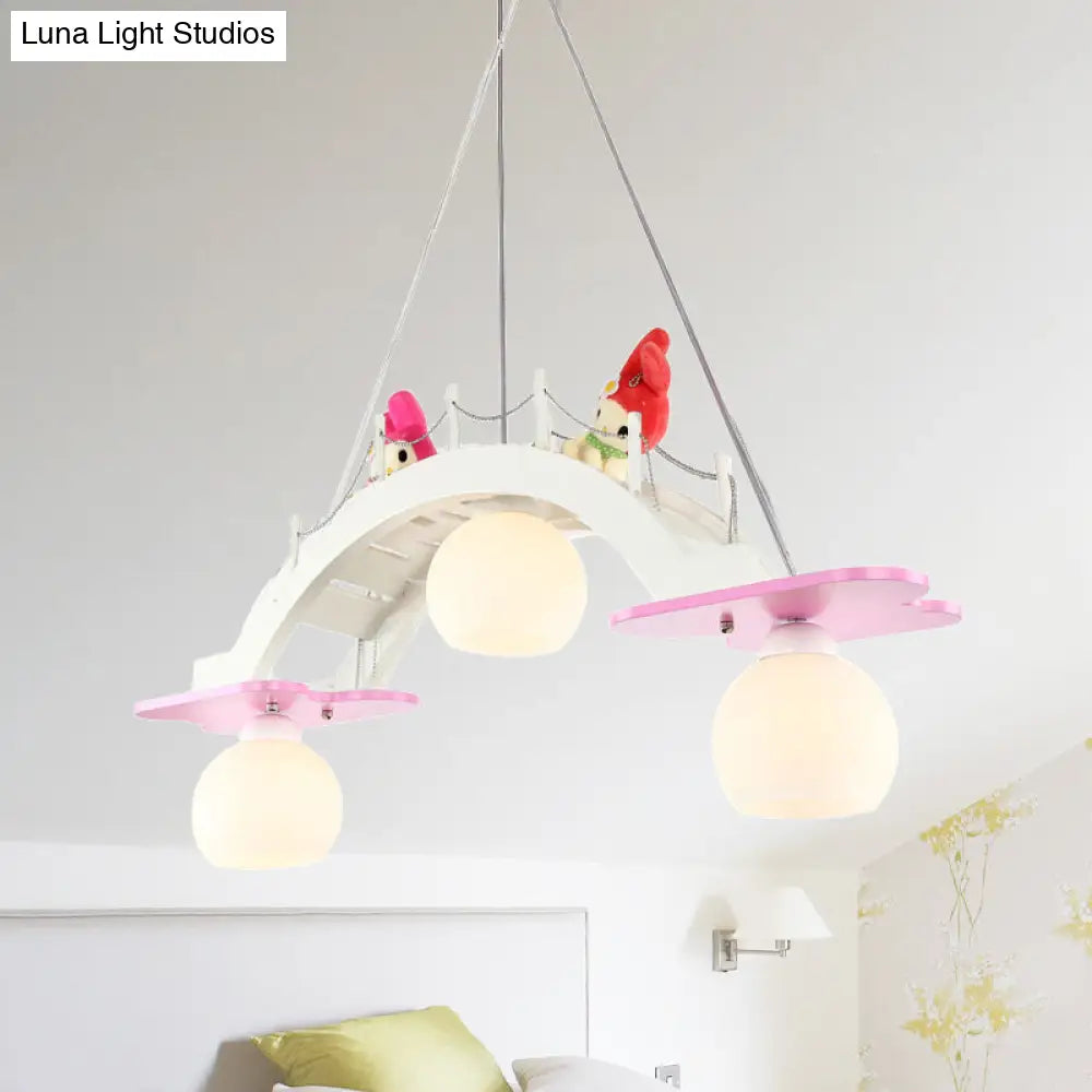 Wooden Kids Pendant Lamp With 3 Blue/Pink Heads And Cream Glass Shade - Bridge Nursery Cluster