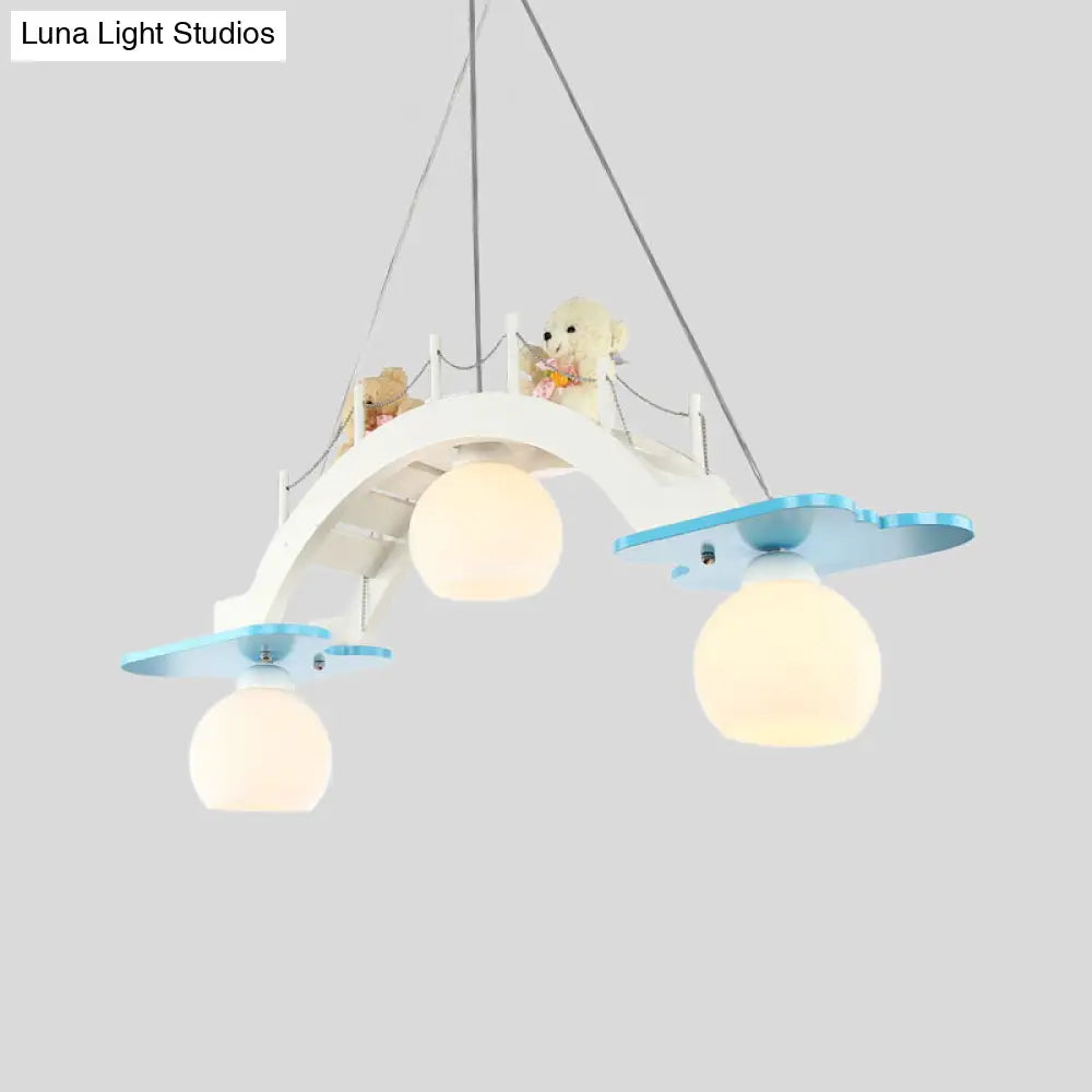 Wooden Kids Pendant Lamp With 3 Blue/Pink Heads And Cream Glass Shade - Bridge Nursery Cluster