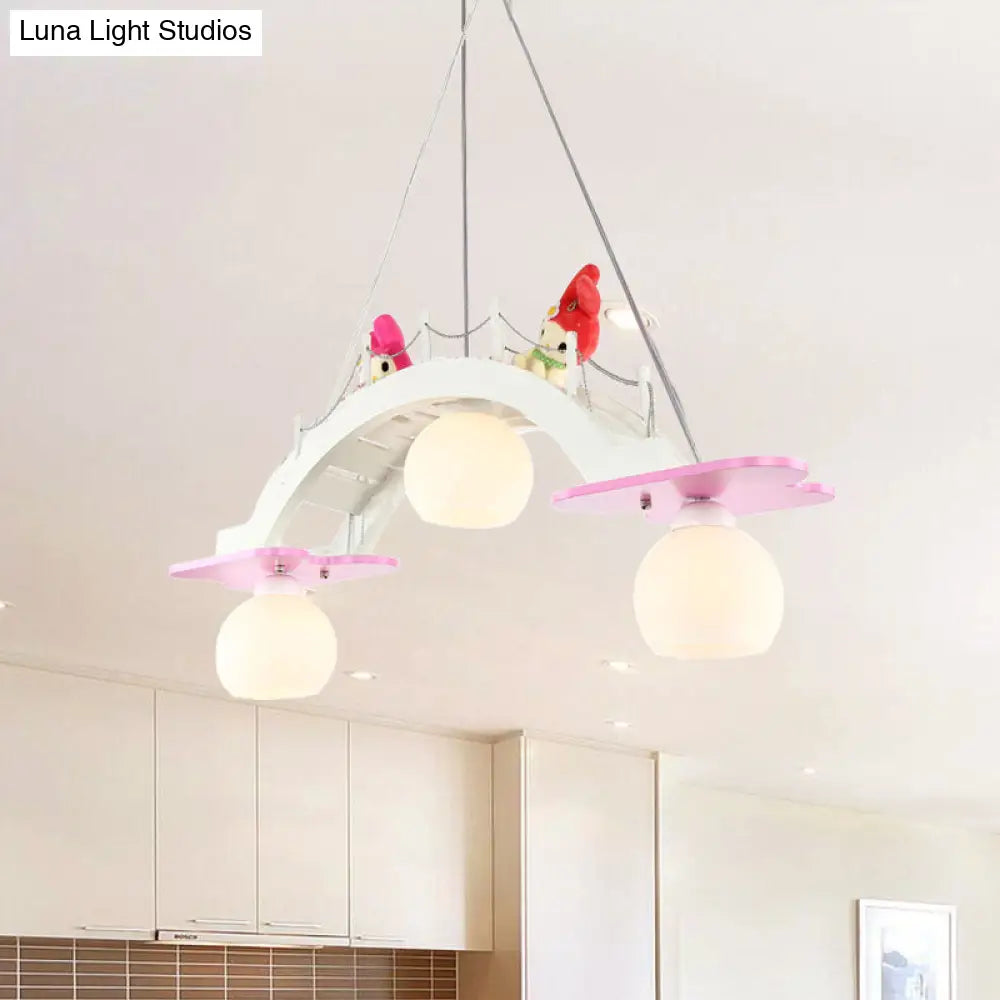 Wooden Kids Pendant Lamp With 3 Blue/Pink Heads And Cream Glass Shade - Bridge Nursery Cluster