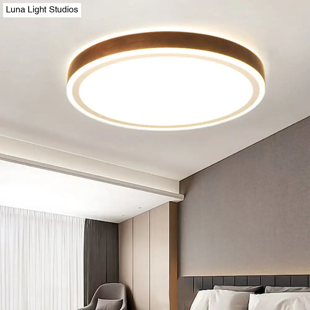 Wooden Led Flush Mount - Minimalist Round Light Fixture For Bedroom In Brown