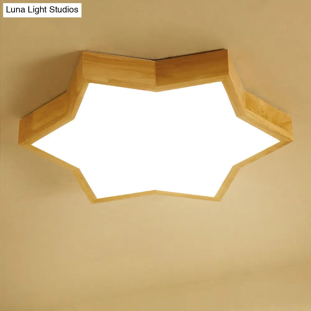 Wooden Led Six-Pointed Star Flush Mount Bedroom Light - Minimalist Fixture