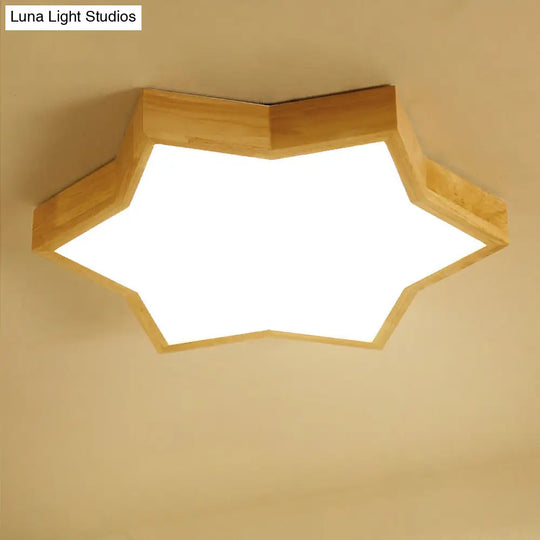 Wooden Led Six-Pointed Star Flush Mount Bedroom Light - Minimalist Fixture