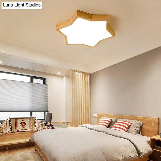 Wooden Led Six - Pointed Star Flush Mount Bedroom Light - Minimalist Fixture