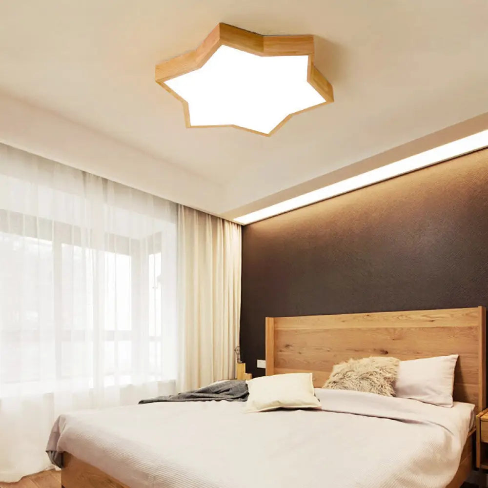 Wooden Led Six - Pointed Star Flush Mount Bedroom Light - Minimalist Fixture Wood / 18’ White