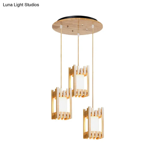 Wooden Lodge Pendant Lamp With 3 Beige Headlights For Dining Table