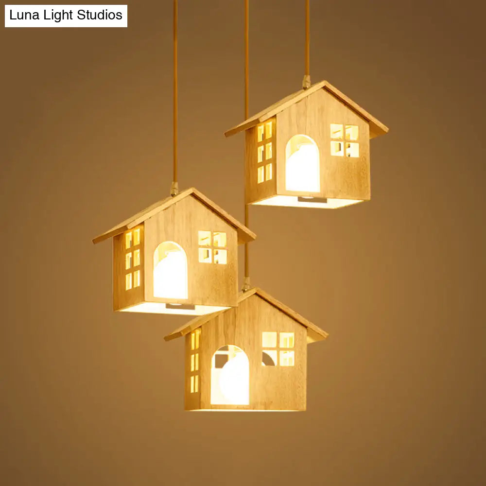 Wooden Lodge Pendant Lamp With 3 Beige Headlights For Dining Table