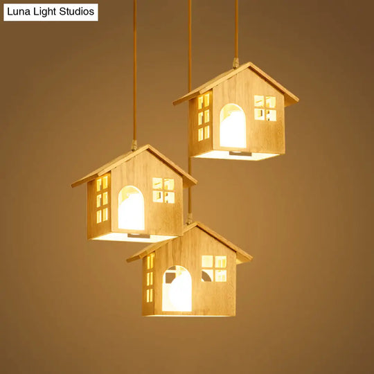 Wooden Lodge Pendant Lamp With 3 Beige Headlights For Dining Table