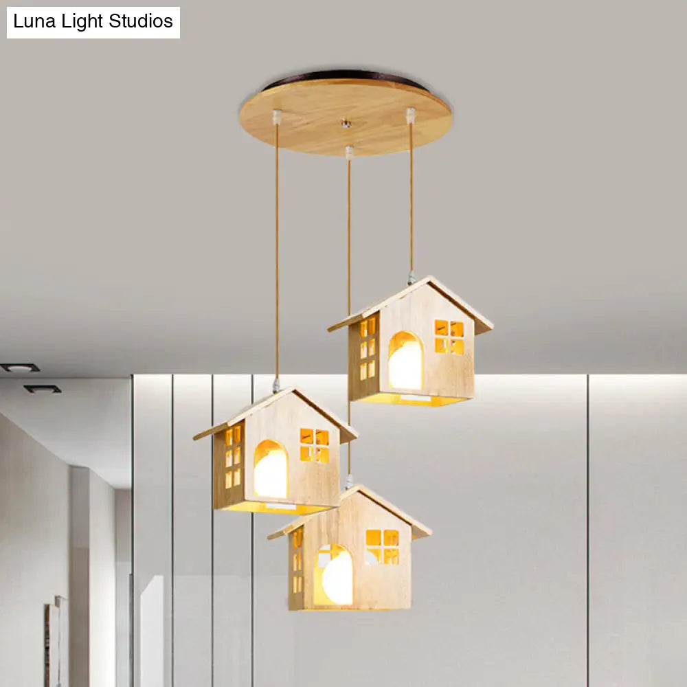 Wooden Lodge Pendant Lamp With 3 Heads For Dining Table Wood