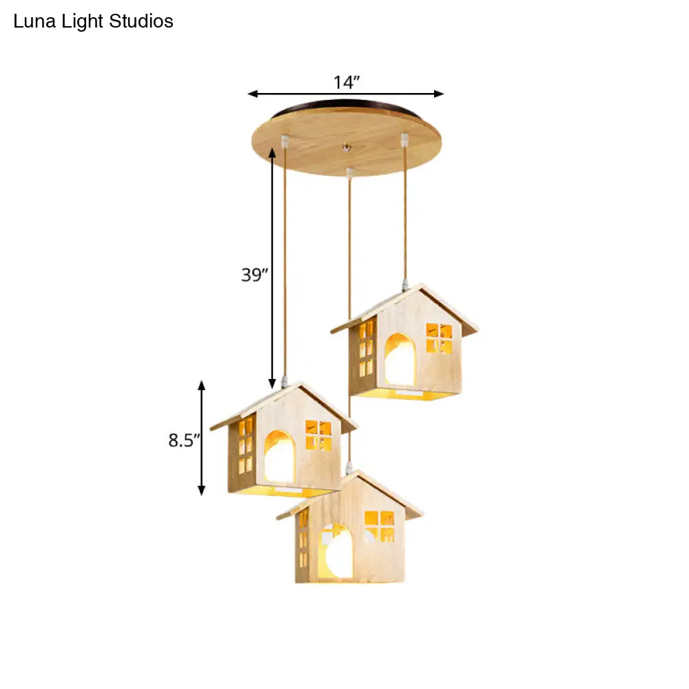 Wooden Lodge Pendant Lamp With 3 Beige Headlights For Dining Table