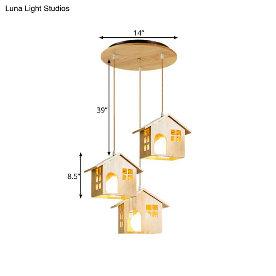 Wooden Lodge Pendant Lamp With 3 Beige Headlights For Dining Table