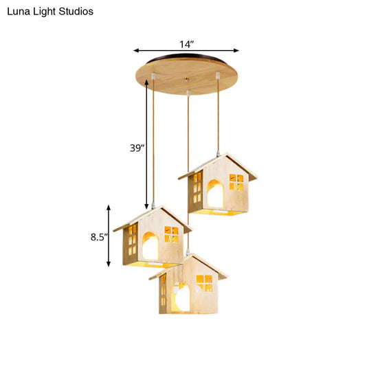 Wooden Lodge Pendant Lamp With 3 Heads For Dining Table