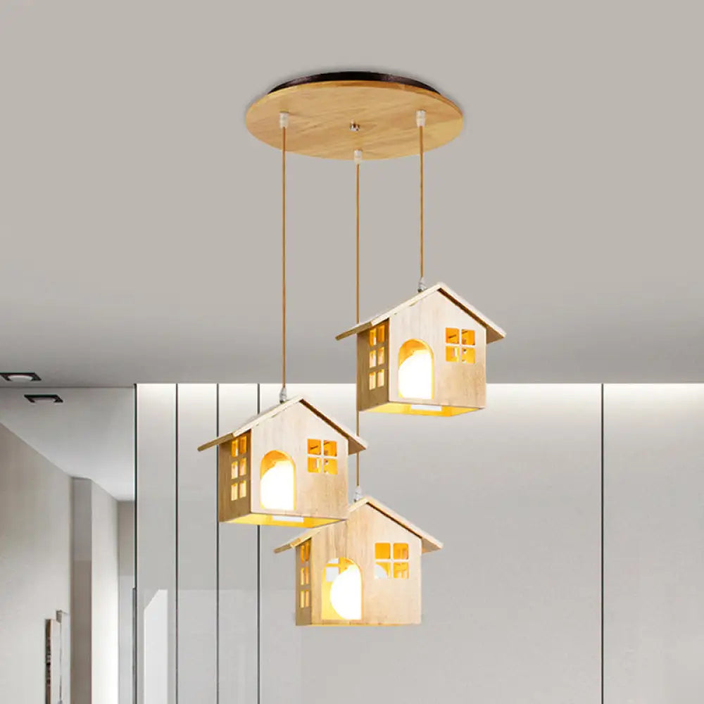 Wooden Lodge Pendant Lamp With 3 Beige Headlights For Dining Table Wood