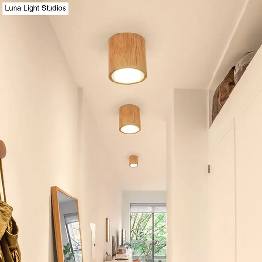 Wooden Mini Corridor Ceiling Lamp Nordic Flush Mount Lighting - Round/Square Led Beige 4’/6’/8’H