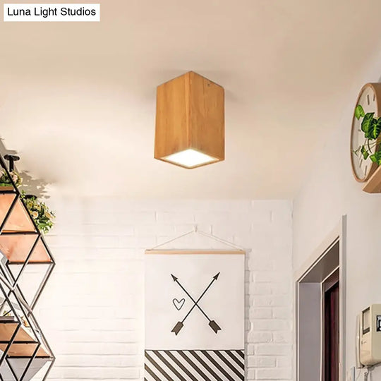 Wooden Mini Corridor Ceiling Lamp Nordic Flush Mount Lighting - Round/Square Led Beige 4/6/8H Wood /