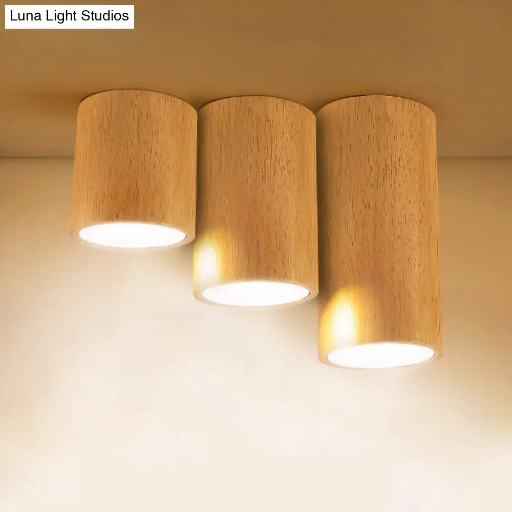 Wooden Mini Corridor Ceiling Lamp Nordic Flush Mount Lighting - Round/Square Led Beige 4/6/8H Wood /