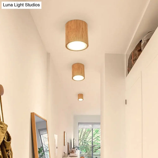 Wooden Mini Corridor Ceiling Lamp Nordic Flush Mount Lighting - Round/Square Led Beige 4/6/8H