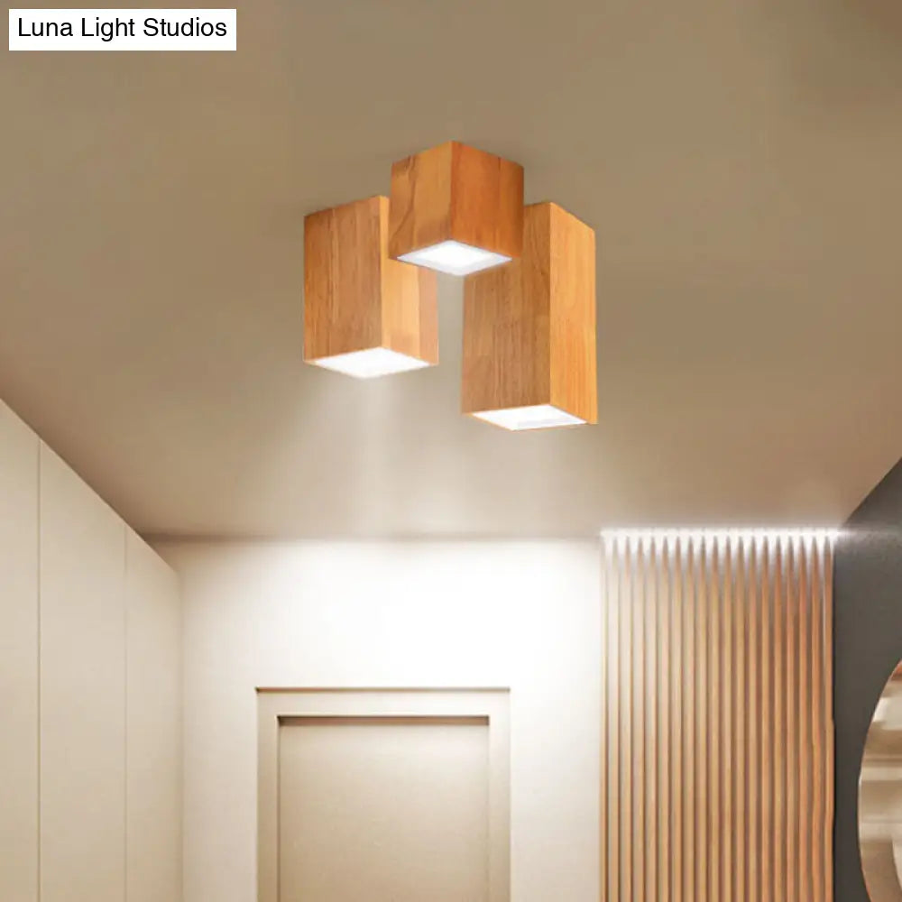 Wooden Mini Corridor Ceiling Lamp Nordic Flush Mount Lighting - Round/Square Led Beige 4/6/8H Wood /