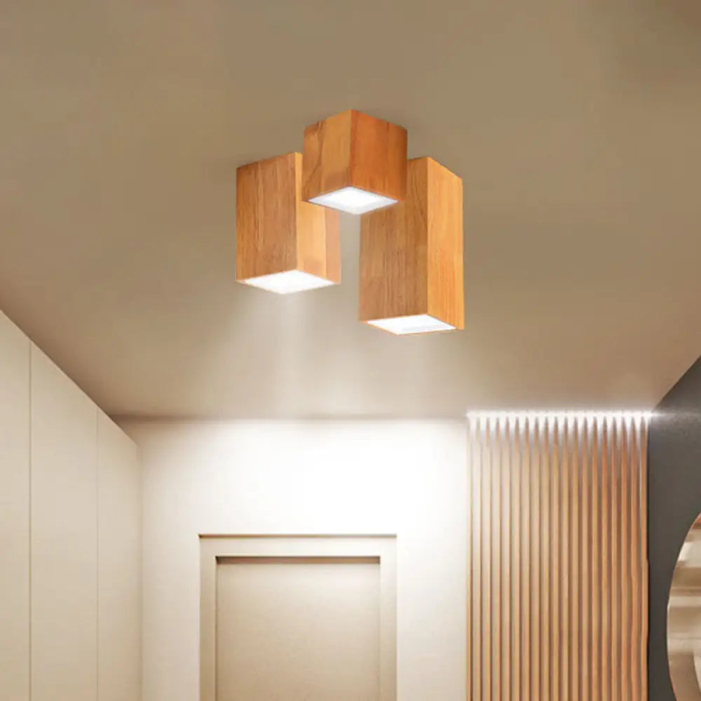 Wooden Mini Corridor Ceiling Lamp Nordic Flush Mount Lighting - Round/Square Led Beige