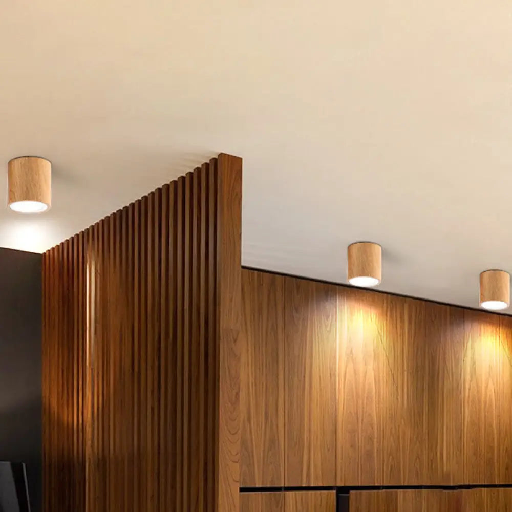 Wooden Mini Corridor Ceiling Lamp Nordic Flush Mount Lighting - Round/Square Led Beige