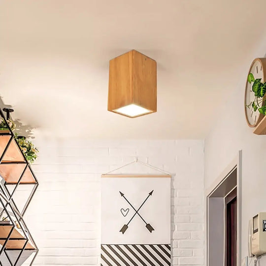 Wooden Mini Corridor Ceiling Lamp Nordic Flush Mount Lighting - Round/Square Led Beige