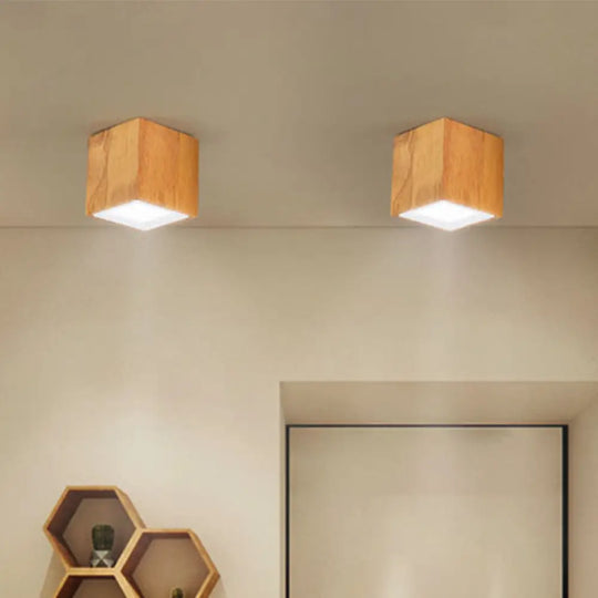 Wooden Mini Corridor Ceiling Lamp Nordic Flush Mount Lighting - Round/Square Led Beige