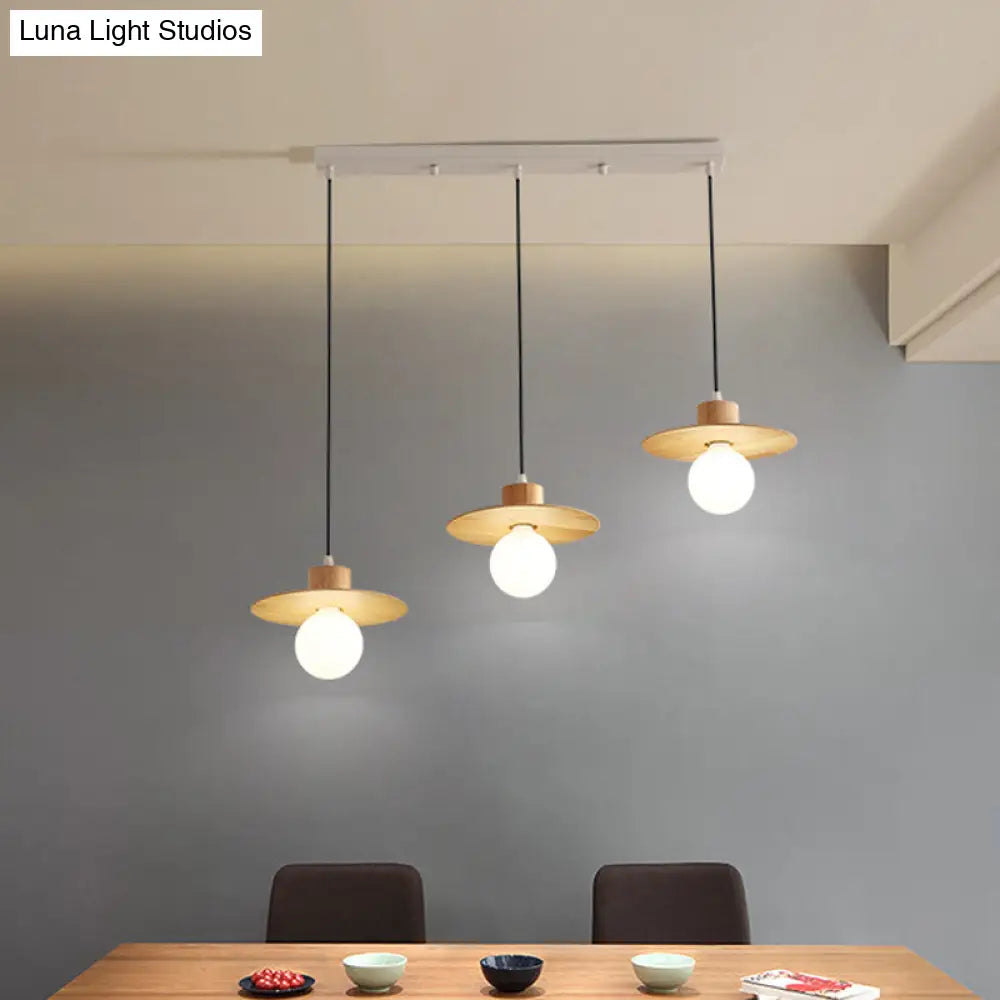 Wooden Modernism Hanging Lamp Kit - 3-Head Ceiling Light In Beige For Dining Room