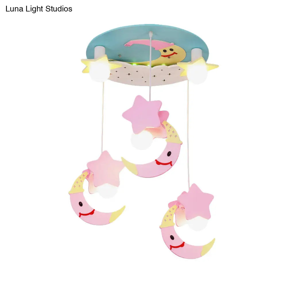 Wooden Moon And Star Semi Flush Mount Ceiling Light With Cartoon Design - 5 Blue/Pink Lights