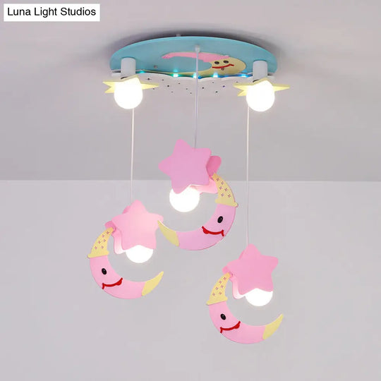 Wooden Moon And Star Semi Flush Mount Ceiling Light With Cartoon Design - 5 Blue/Pink Lights Pink