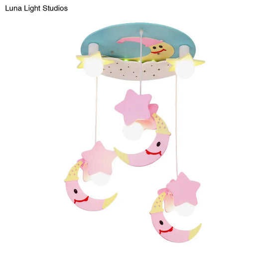 Wooden Moon And Star Semi Flush Mount Ceiling Light With Cartoon Design - 5 Blue/Pink Lights