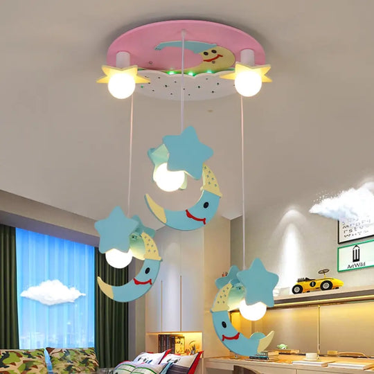 Wooden Moon And Star Semi Flush Mount Ceiling Light With Cartoon Design - 5 Blue/Pink Lights Blue