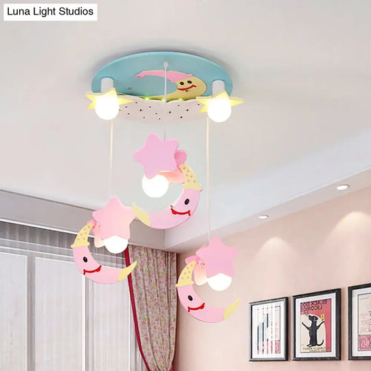 Wooden Moon And Star Semi Flush Mount Ceiling Light With Cartoon Design - 5 Blue/Pink Lights